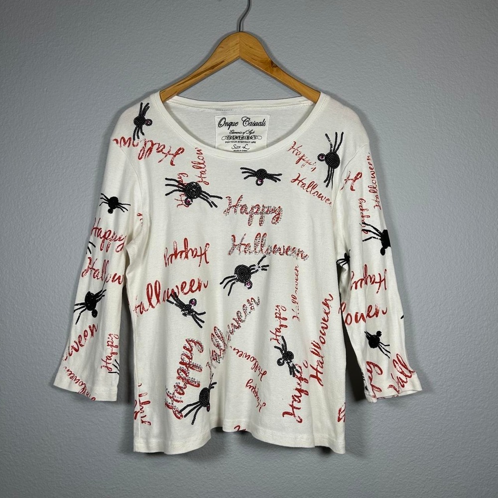 Onque Casuals Womens Halloween Embroidered 3/4 Sleeve Top SZ L Spiders Spooky